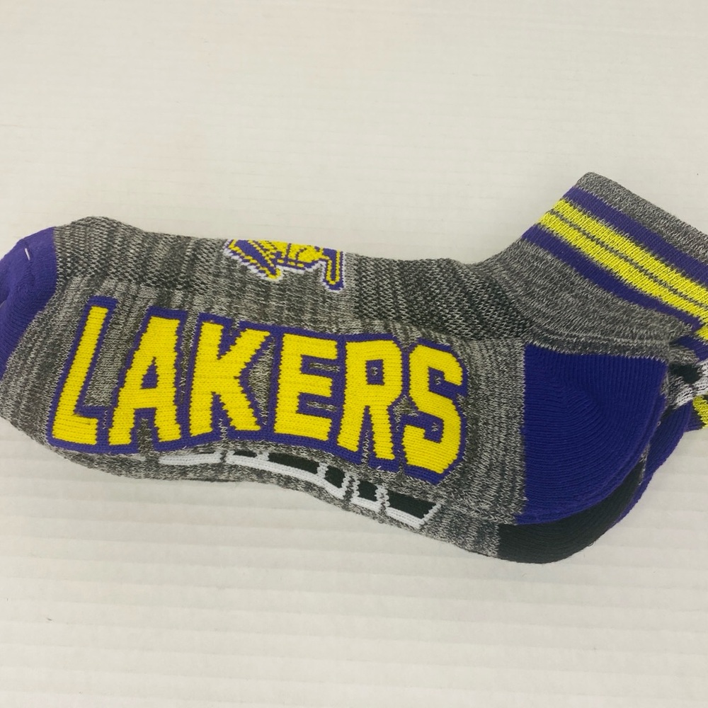 NBA License Lakers Kids Quarter Cut Socks. Gray, Purple, Yellow, Shoe Sz 4-9.5.